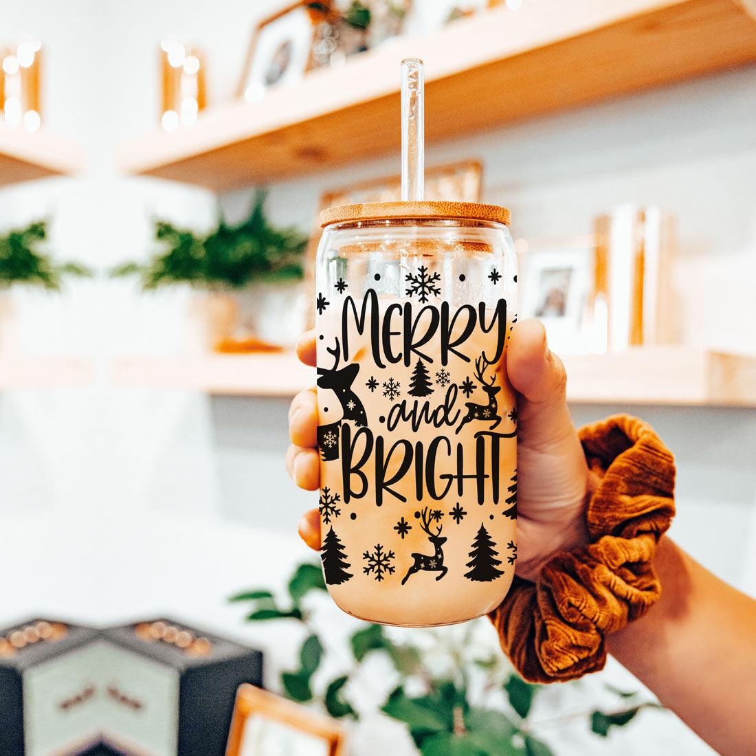 Merry And Bright 17oz Holiday Mug With Reindeer Snowflake Tree Black Lettering BandsCo Straps