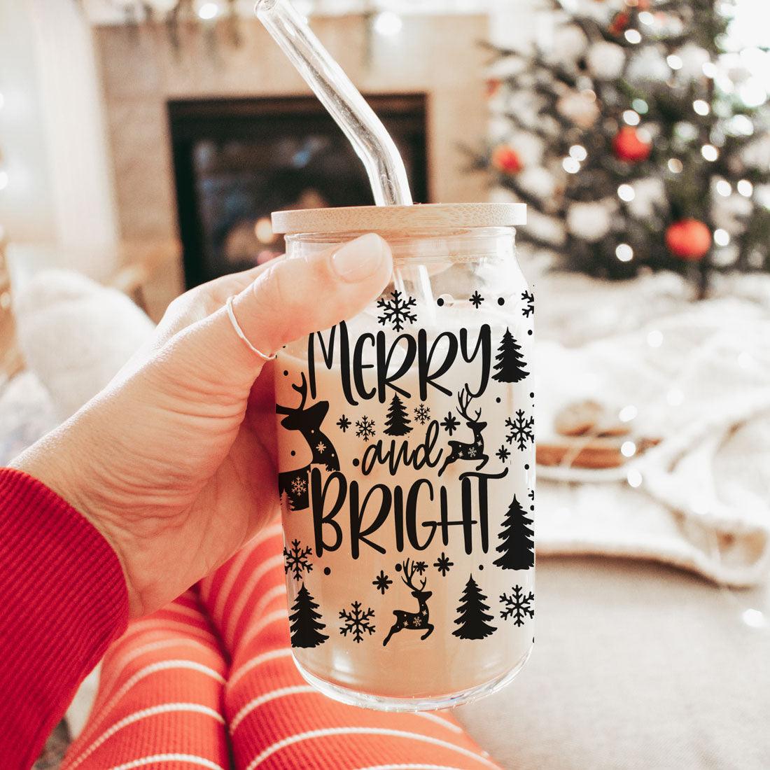 Merry And Bright 17oz Holiday Mug With Reindeer Snowflake Tree Black Lettering BandsCo Straps