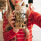Merry And Bright 17oz Holiday Mug With Reindeer Snowflake Tree Black Lettering BandsCo Straps