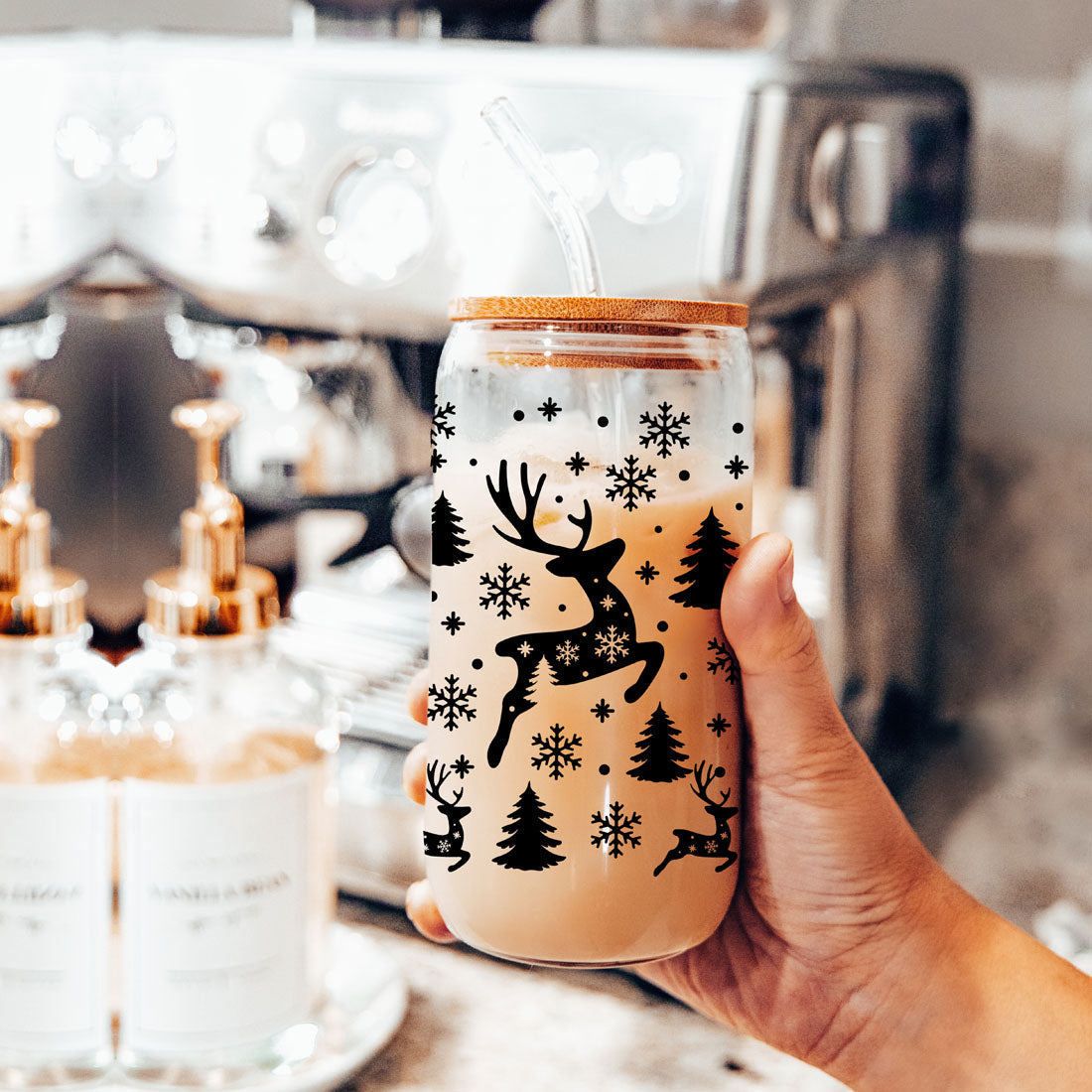 Merry And Bright 17oz Holiday Mug With Reindeer Snowflake Tree Black Lettering BandsCo Straps