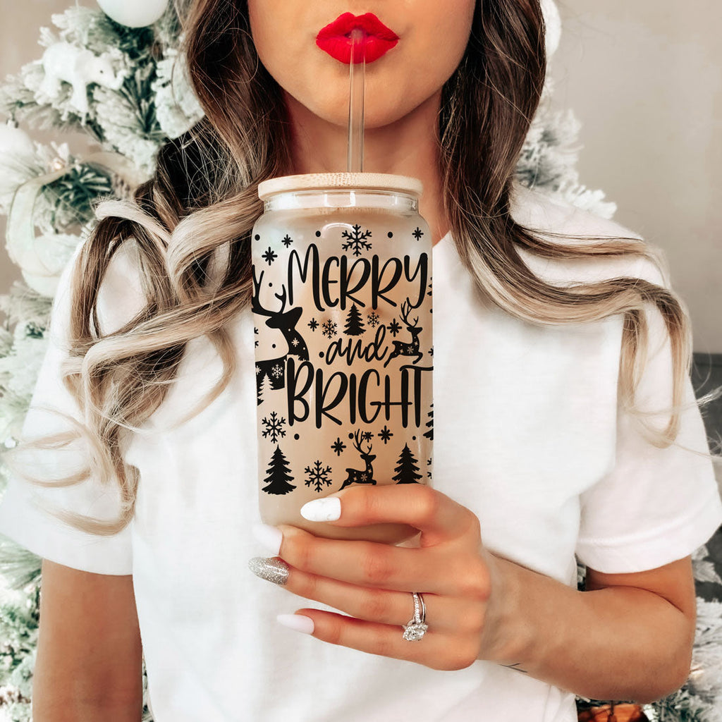 Merry And Bright 17oz Holiday Mug With Reindeer Snowflake Tree Black Lettering BandsCo Straps