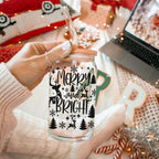 Merry And Bright 17oz Holiday Mug With Reindeer Snowflake Tree Black Lettering BandsCo Straps