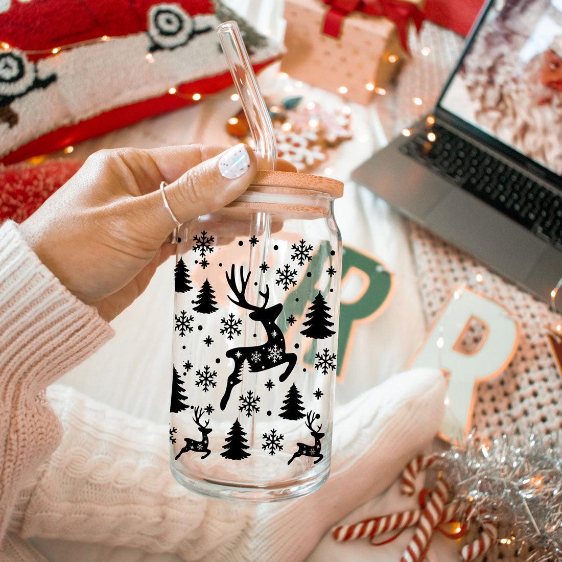 Merry And Bright 17oz Holiday Mug With Reindeer Snowflake Tree Black Lettering BandsCo Straps
