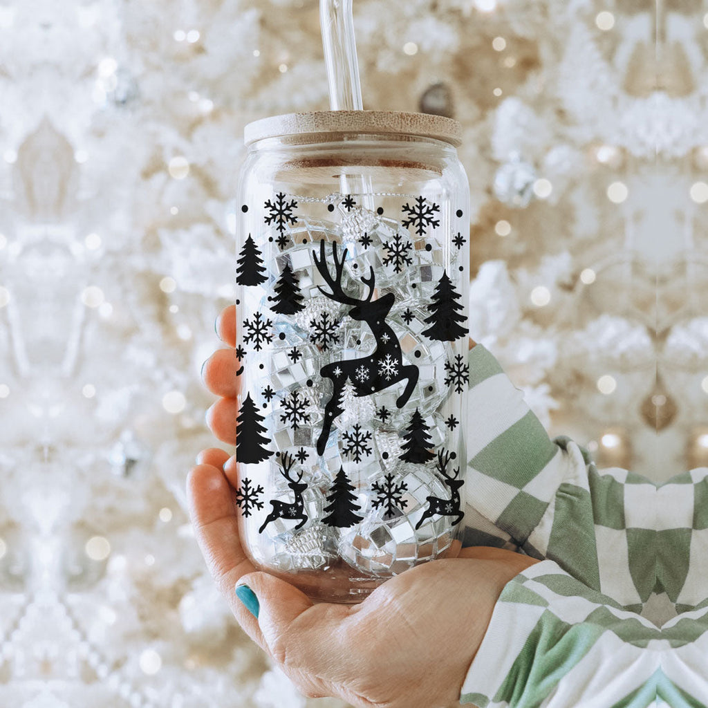 Merry And Bright 17oz Holiday Mug With Reindeer Snowflake Tree Black Lettering BandsCo Straps