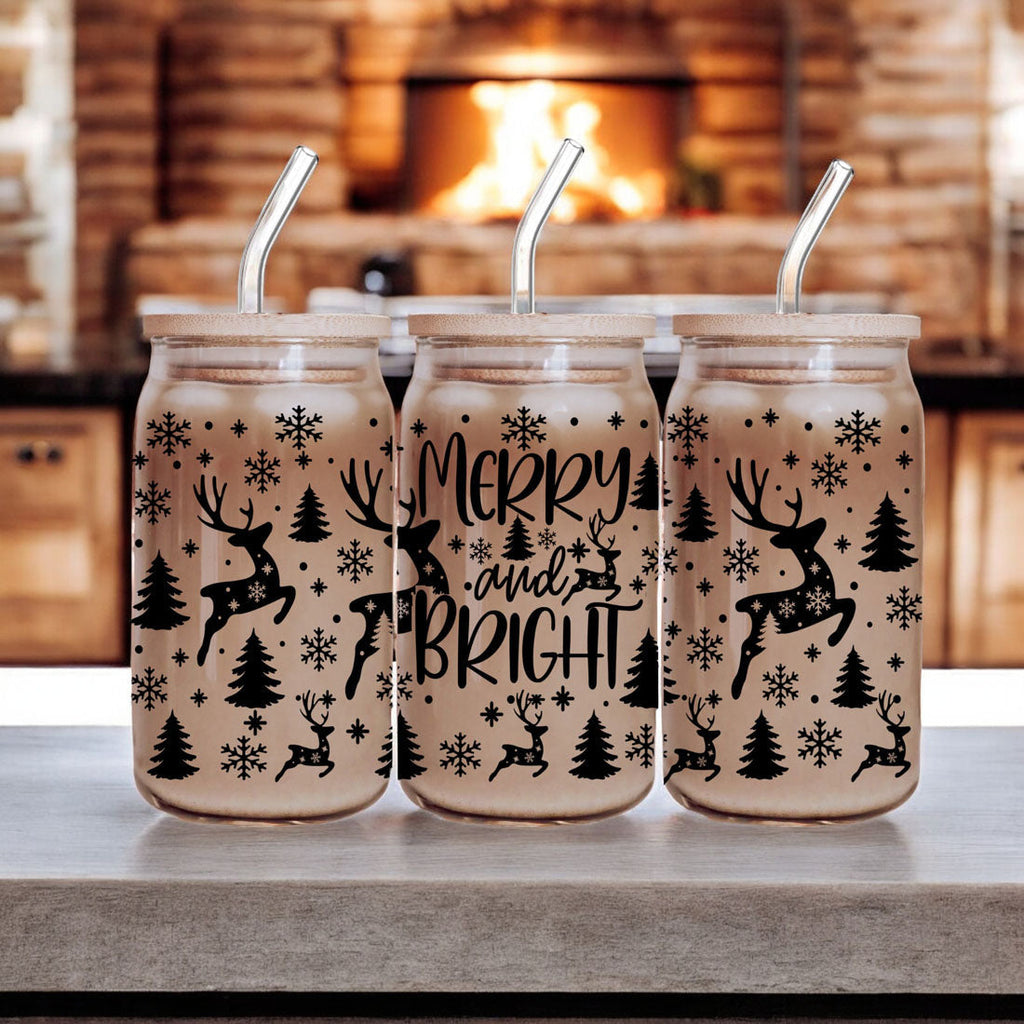 Merry And Bright 17oz Holiday Mug With Reindeer Snowflake Tree Black Lettering BandsCo Straps