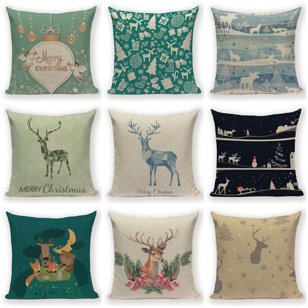 Merry Christmas Tree Cute Deer Happy Festival New Year Decorations Christmas Throw Pillow Covers Christmas Decorative Couch Pillow Cases Cotton Linen Pillow Square Cushion Cover For Home Bed Stevvex