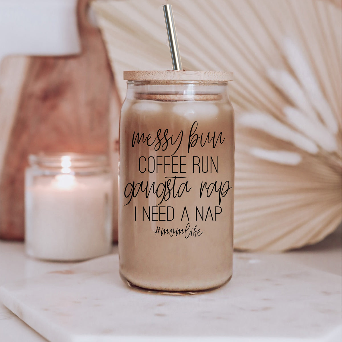 Messy Bun 17oz Glass Tumbler With Bamboo Lid Stainless Straws Mom Life Coffee Run Gift BandsCo Straps