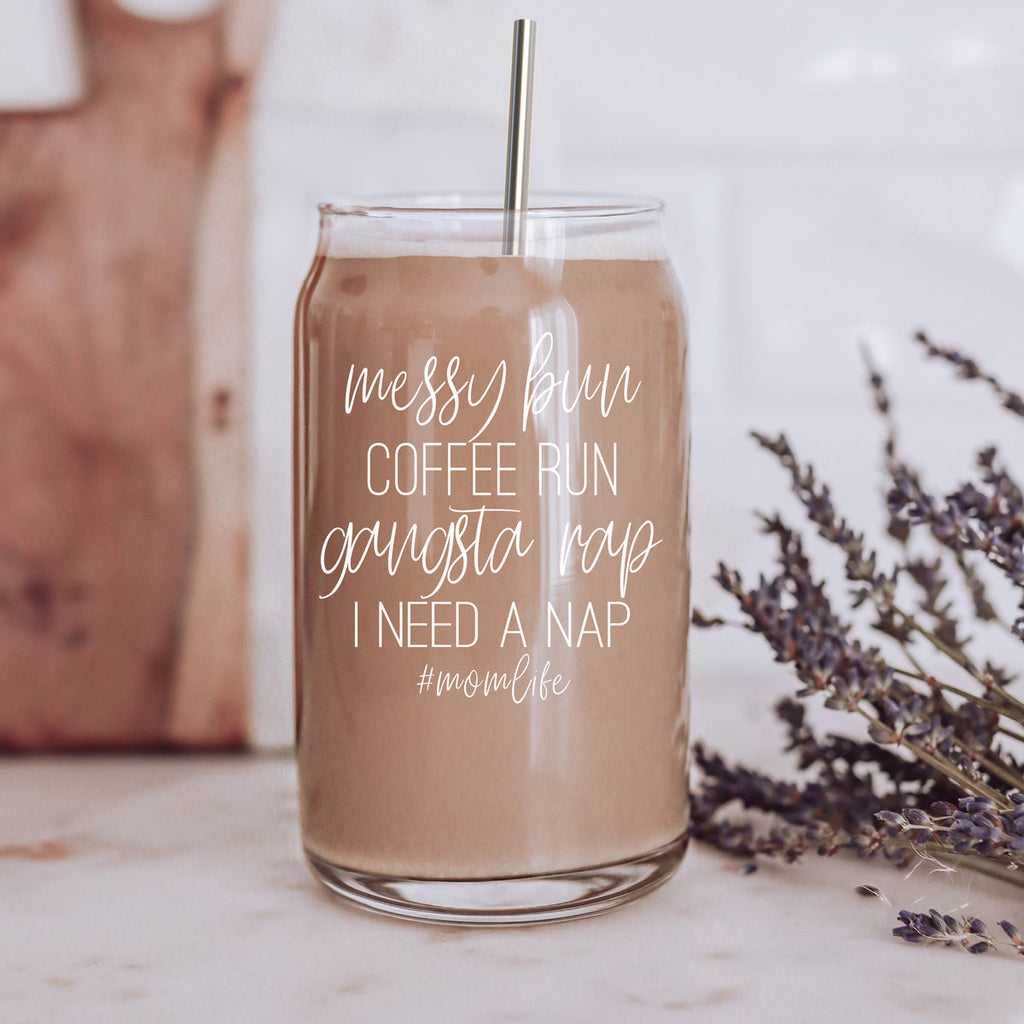 Messy Bun 17oz Glass Tumbler With Bamboo Lid Stainless Straws Mom Life Coffee Run Gift BandsCo Straps