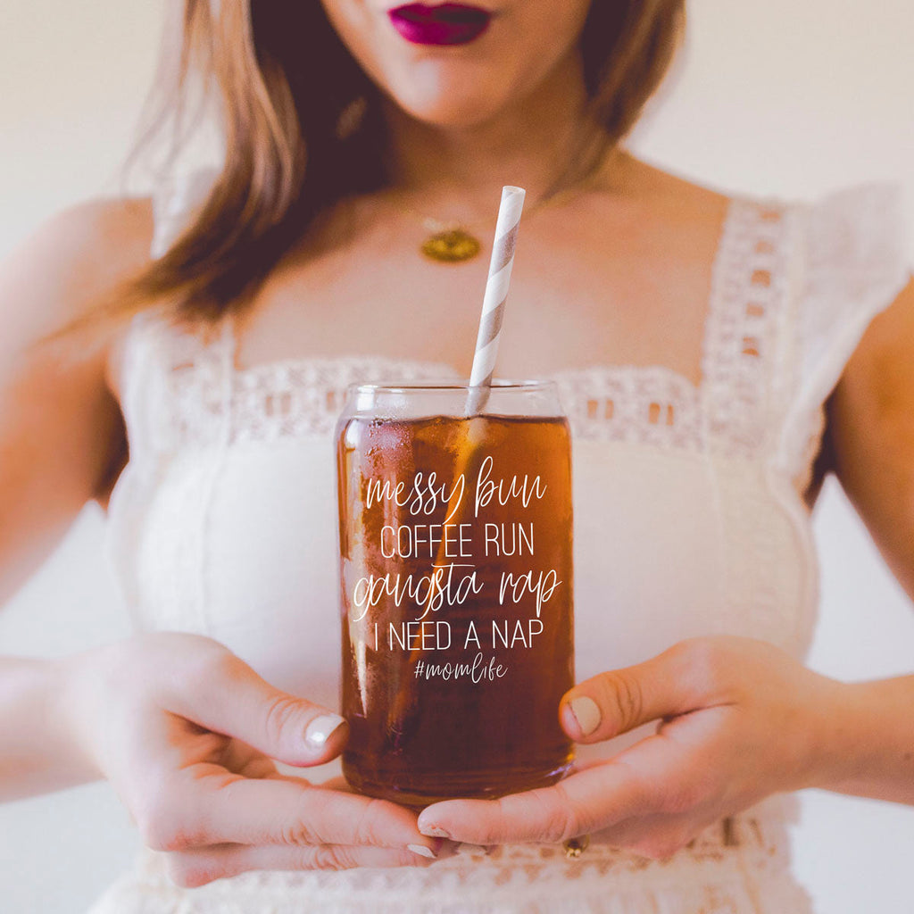 Messy Bun 17oz Glass Tumbler With Bamboo Lid Stainless Straws Mom Life Coffee Run Gift BandsCo Straps