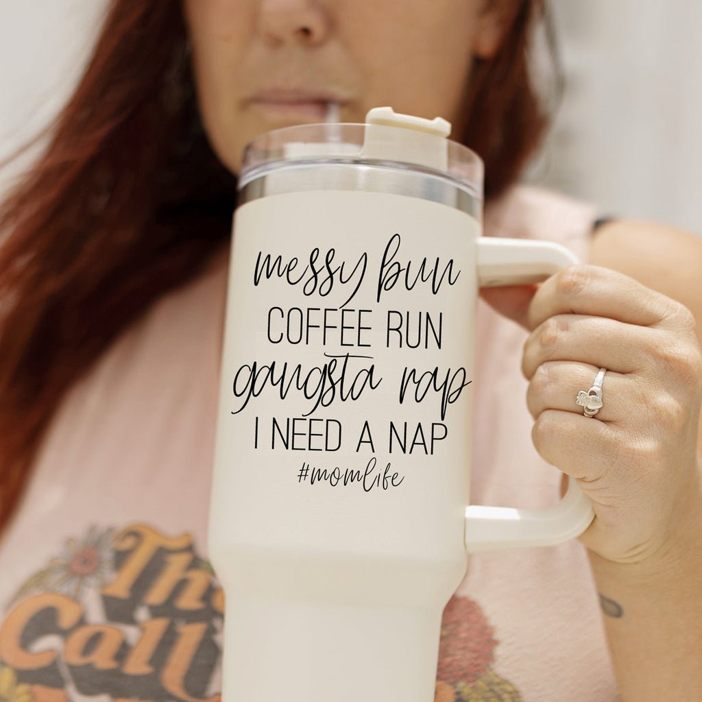 Messy Bun Mom 40oz Insulated Travel Tumbler With Handle Lid Straw - Mom Life BandsCo Straps