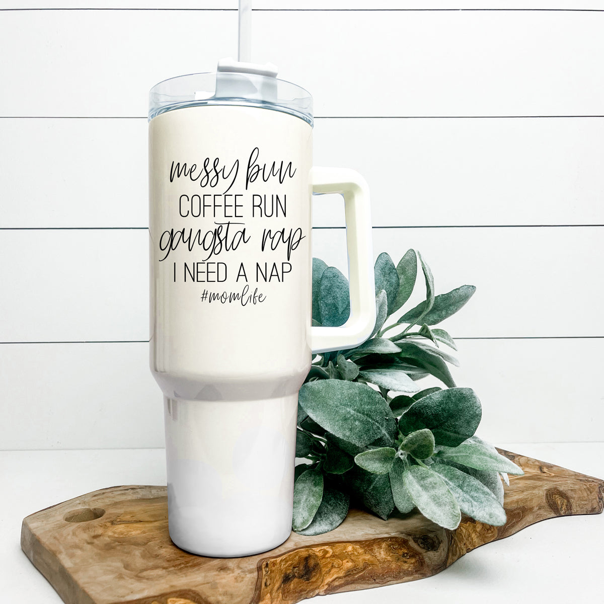 Messy Bun Mom 40oz Insulated Travel Tumbler With Handle Lid Straw - Mom Life BandsCo Straps