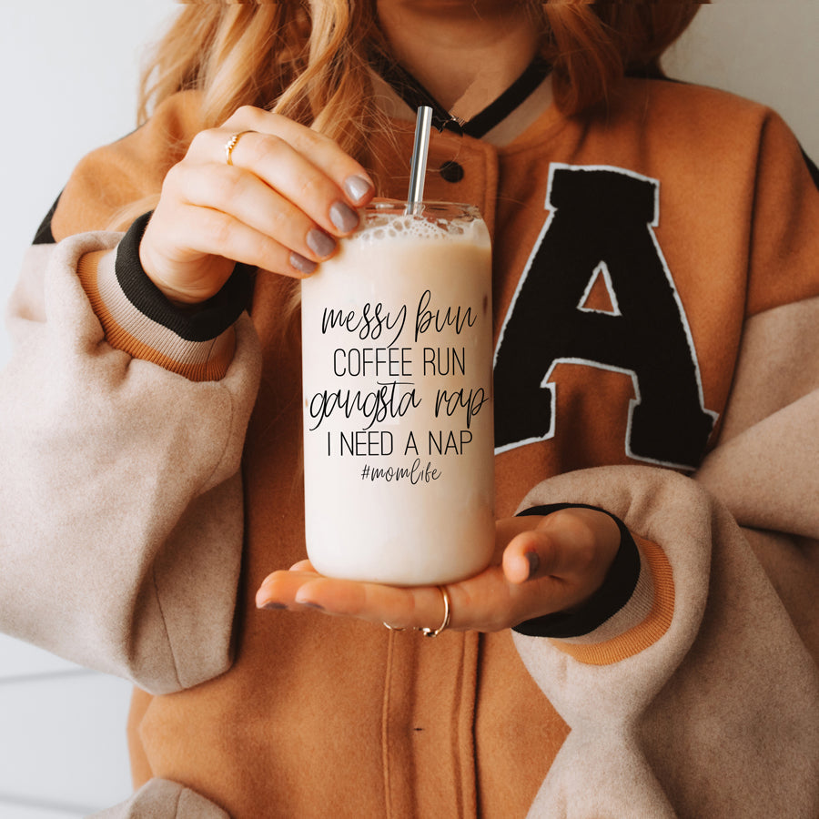 Messy Bun 17oz Glass Tumbler With Bamboo Lid Stainless Straws Mom Life Coffee Run Gift BandsCo Straps