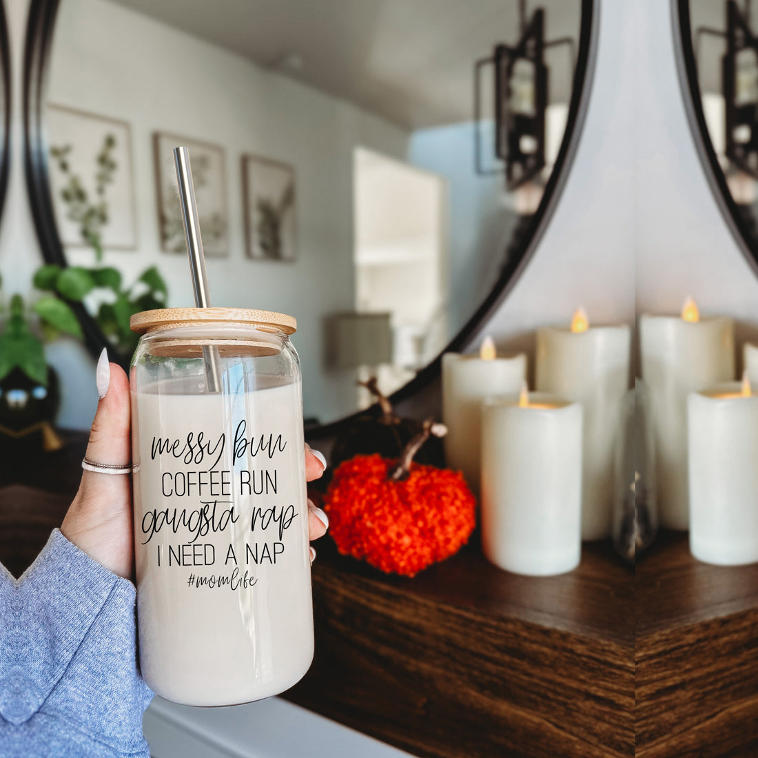 Messy Bun 17oz Glass Tumbler With Bamboo Lid Stainless Straws Mom Life Coffee Run Gift BandsCo Straps