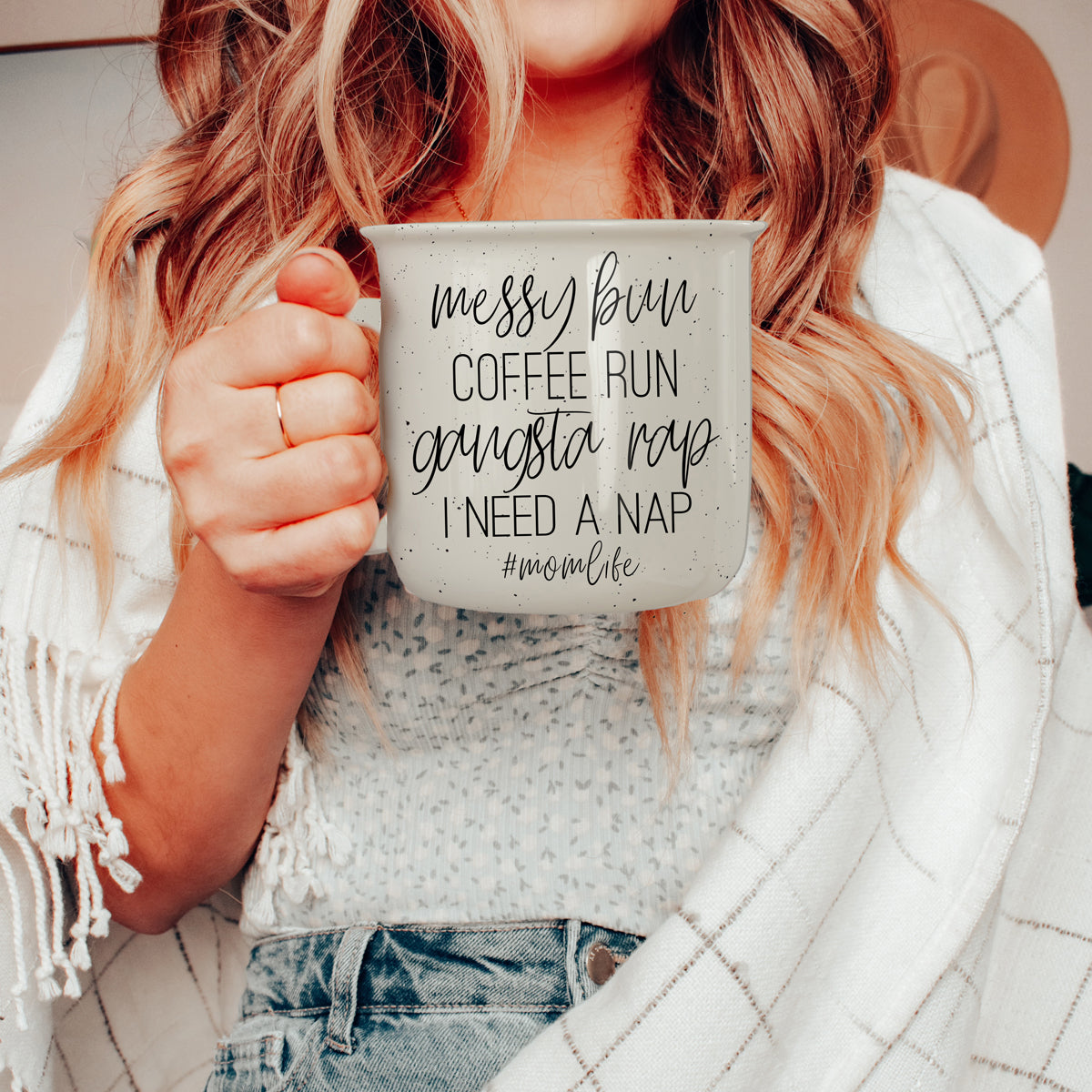 Messy Bun Coffee Run 14.5oz Ceramic Campfire Mug Double-Sided Speckled BandsCo Straps