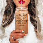 Messy Bun 17oz Glass Tumbler With Bamboo Lid Stainless Straws Mom Life Coffee Run Gift BandsCo Straps