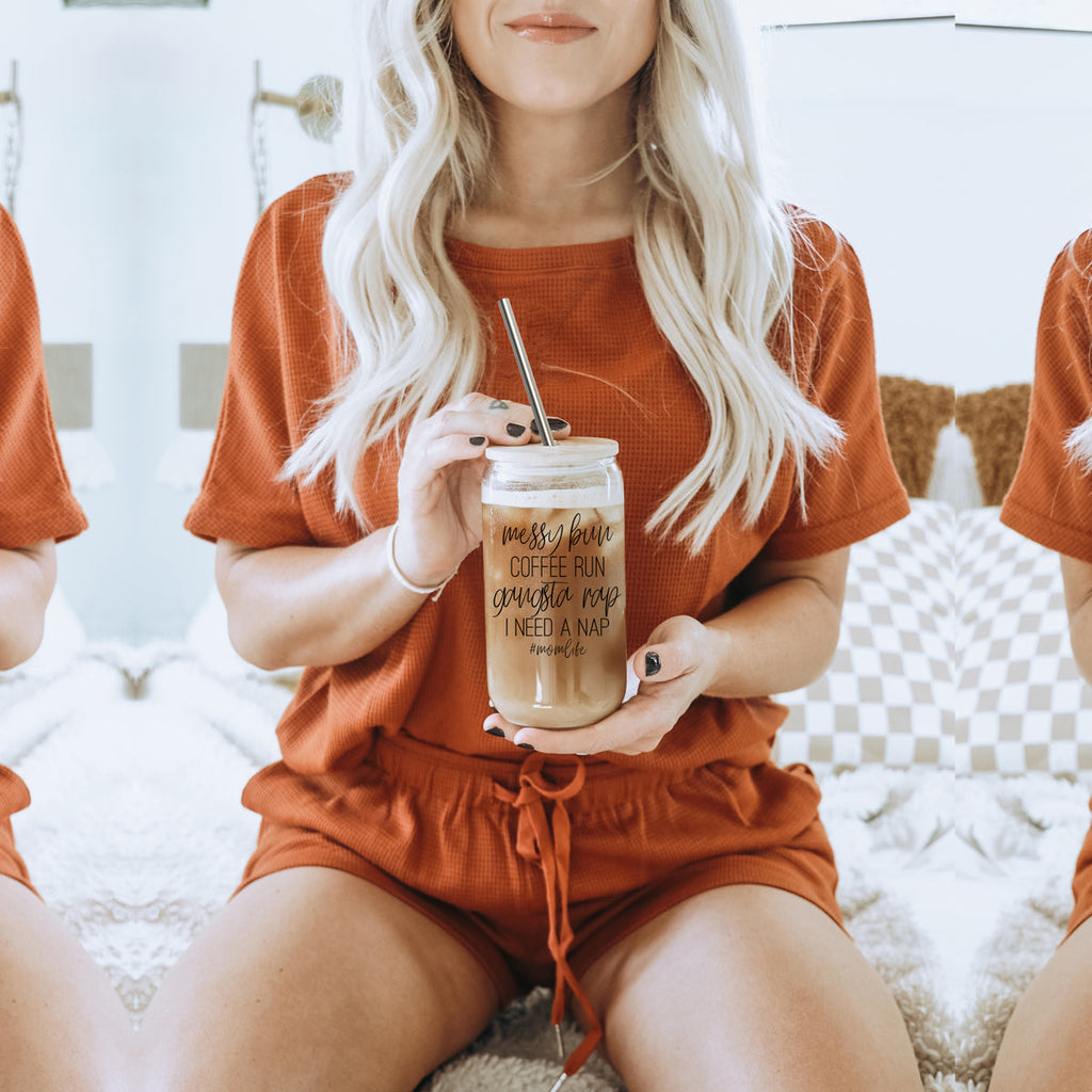 Messy Bun 17oz Glass Tumbler With Bamboo Lid Stainless Straws Mom Life Coffee Run Gift BandsCo Straps