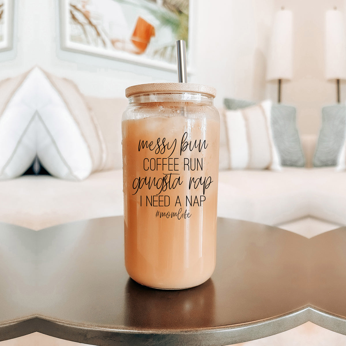Messy Bun 17oz Glass Tumbler With Bamboo Lid Stainless Straws Mom Life Coffee Run Gift BandsCo Straps