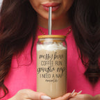 Messy Bun 17oz Glass Tumbler With Bamboo Lid Stainless Straws Mom Life Coffee Run Gift BandsCo Straps