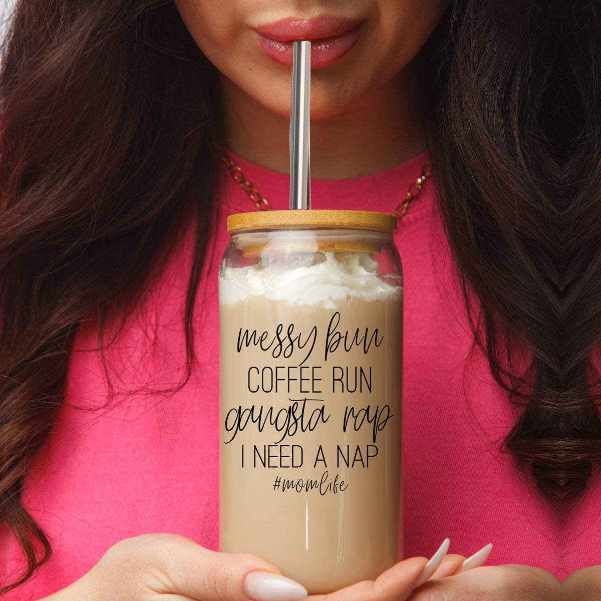Messy Bun 17oz Glass Tumbler With Bamboo Lid Stainless Straws Mom Life Coffee Run Gift BandsCo Straps