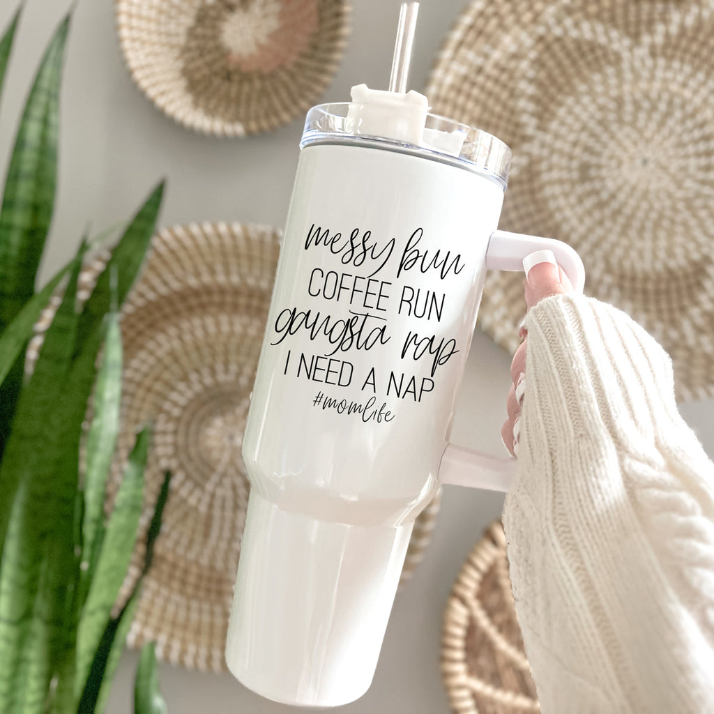 Messy Bun Mom 40oz Insulated Travel Tumbler With Handle Lid Straw - Mom Life BandsCo Straps