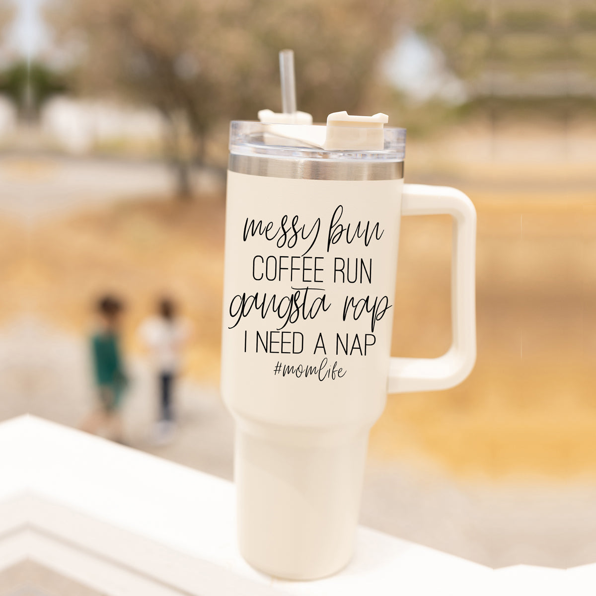 Messy Bun Mom 40oz Insulated Travel Tumbler With Handle Lid Straw - Mom Life BandsCo Straps