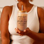Messy Bun 17oz Glass Tumbler With Bamboo Lid Stainless Straws Mom Life Coffee Run Gift BandsCo Straps