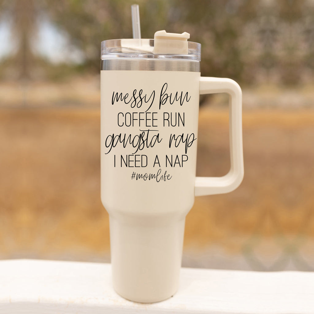 Messy Bun Mom 40oz Insulated Travel Tumbler With Handle Lid Straw - Mom Life BandsCo Straps