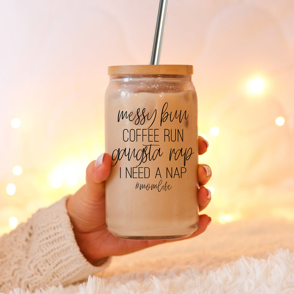 Messy Bun 17oz Glass Tumbler With Bamboo Lid Stainless Straws Mom Life Coffee Run Gift BandsCo Straps