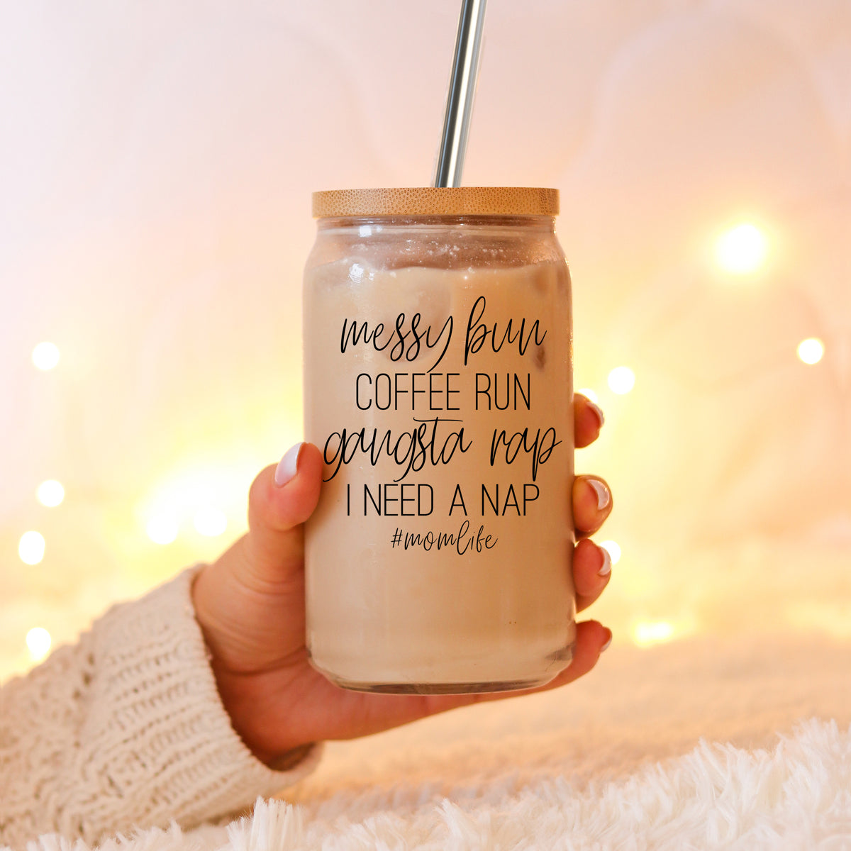 Messy Bun 17oz Glass Tumbler With Bamboo Lid Stainless Straws Mom Life Coffee Run Gift BandsCo Straps