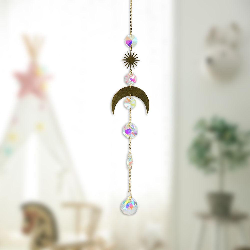 Metallic Hoop Moon Sun Wind Chimes K9 Crystal Prisms Hanging Sun-catcher Rainbow Chaser Window Curtains Pendant Home Decor Gifts For Wall Hanging Decor Room Home Photography Prop Stevvex