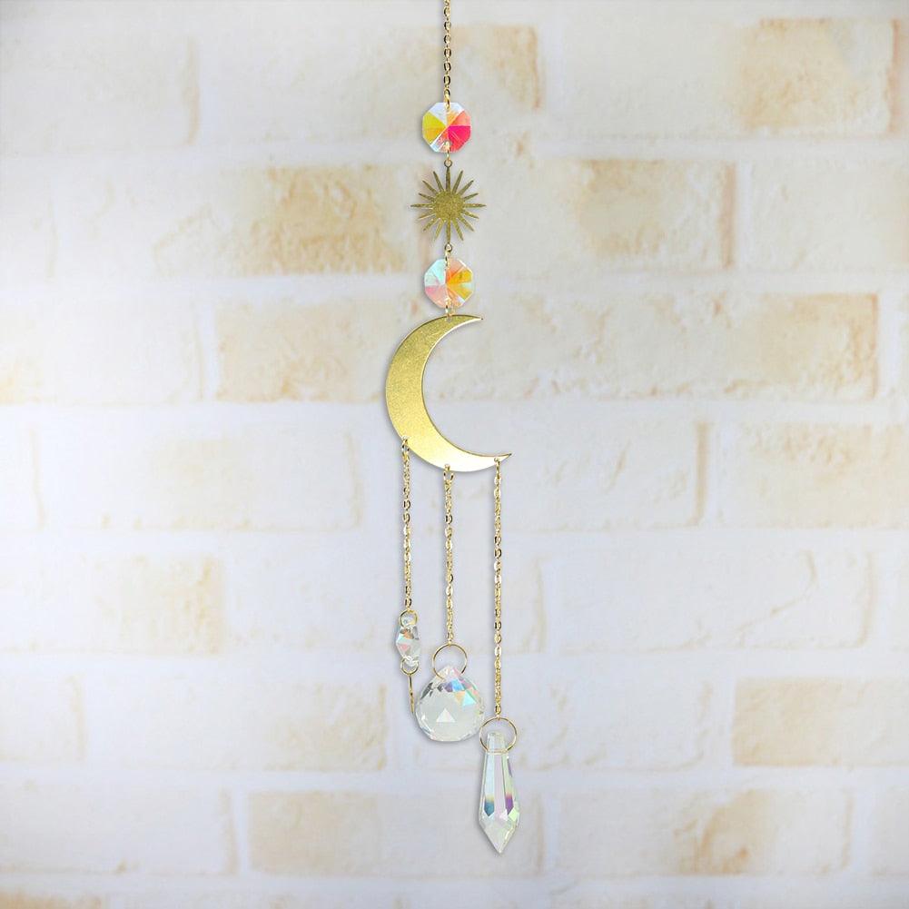 Metallic Hoop Moon Sun Wind Chimes K9 Crystal Prisms Hanging Sun-catcher Rainbow Chaser Window Curtains Pendant Home Decor Gifts For Wall Hanging Decor Room Home Photography Prop Stevvex