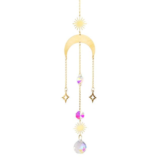 Metallic Hoop Moon Sun Wind Chimes K9 Crystal Prisms Hanging Sun-catcher Rainbow Chaser Window Curtains Pendant Home Decor Gifts For Wall Hanging Decor Room Home Photography Prop Stevvex