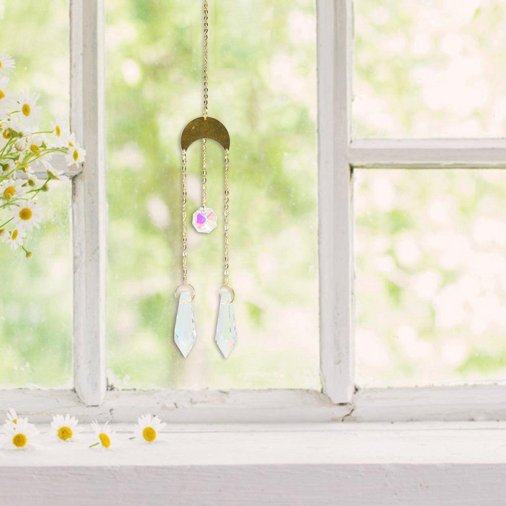 Metallic Hoop Moon Sun Wind Chimes K9 Crystal Prisms Hanging Sun-catcher Rainbow Chaser Window Curtains Pendant Home Decor Gifts For Wall Hanging Decor Room Home Photography Prop Stevvex