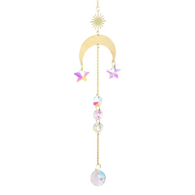 Metallic Hoop Moon Sun Wind Chimes K9 Crystal Prisms Hanging Sun-catcher Rainbow Chaser Window Curtains Pendant Home Decor Gifts For Wall Hanging Decor Room Home Photography Prop Stevvex