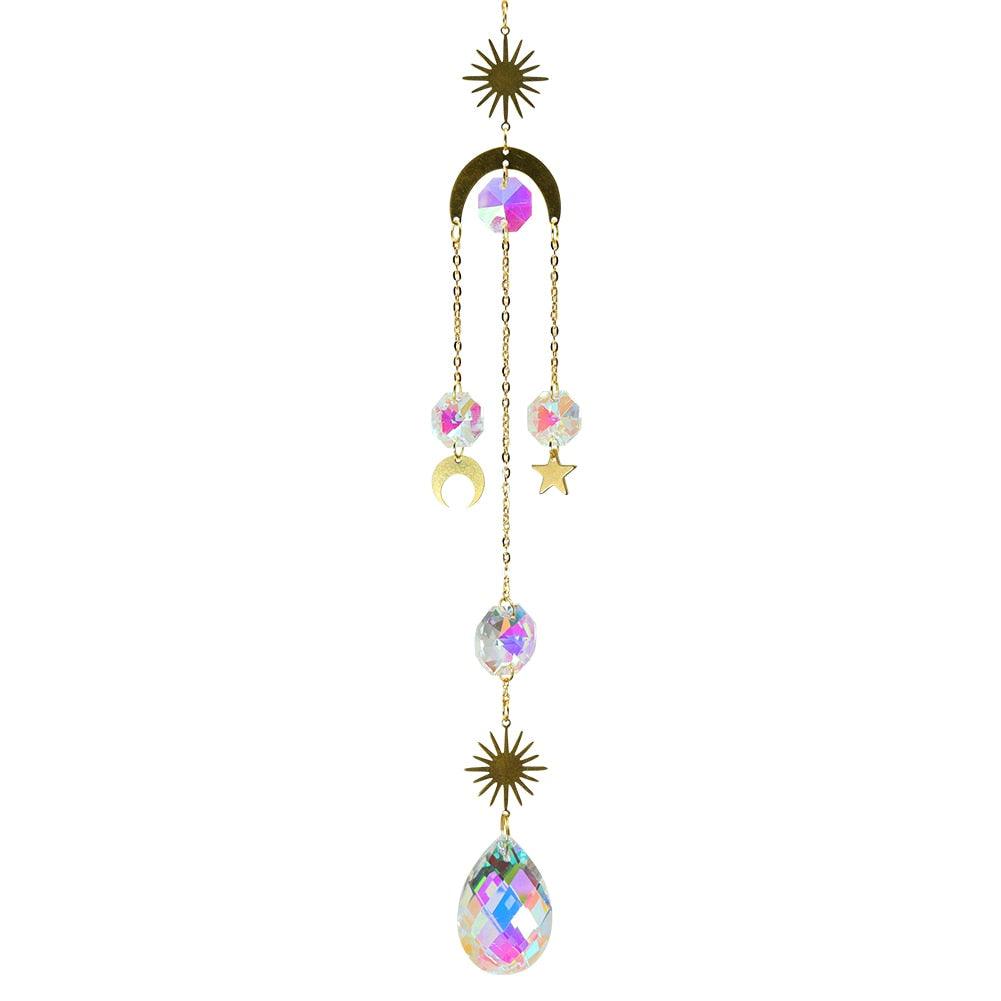 Metallic Hoop Moon Sun Wind Chimes K9 Crystal Prisms Hanging Sun-catcher Rainbow Chaser Window Curtains Pendant Home Decor Gifts For Wall Hanging Decor Room Home Photography Prop Stevvex