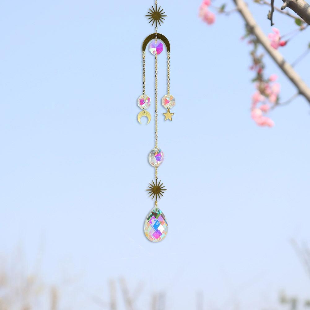 Metallic Hoop Moon Sun Wind Chimes K9 Crystal Prisms Hanging Sun-catcher Rainbow Chaser Window Curtains Pendant Home Decor Gifts For Wall Hanging Decor Room Home Photography Prop Stevvex