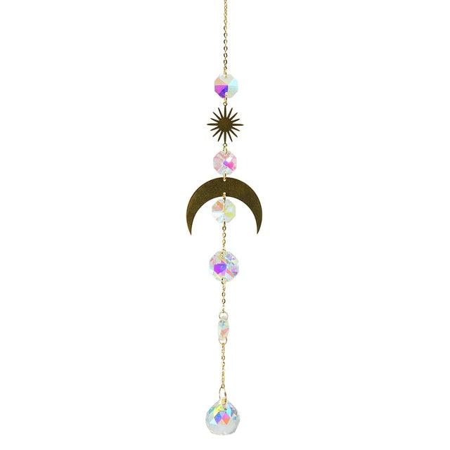 Metallic Hoop Moon Sun Wind Chimes K9 Crystal Prisms Hanging Sun-catcher Rainbow Chaser Window Curtains Pendant Home Decor Gifts For Wall Hanging Decor Room Home Photography Prop Stevvex