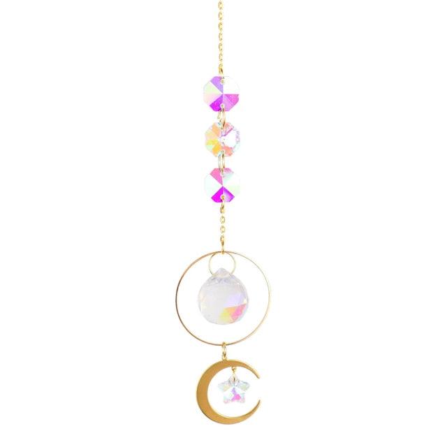 Metallic Hoop Moon Sun Wind Chimes K9 Crystal Prisms Hanging Sun-catcher Rainbow Chaser Window Curtains Pendant Home Decor Gifts For Wall Hanging Decor Room Home Photography Prop Stevvex