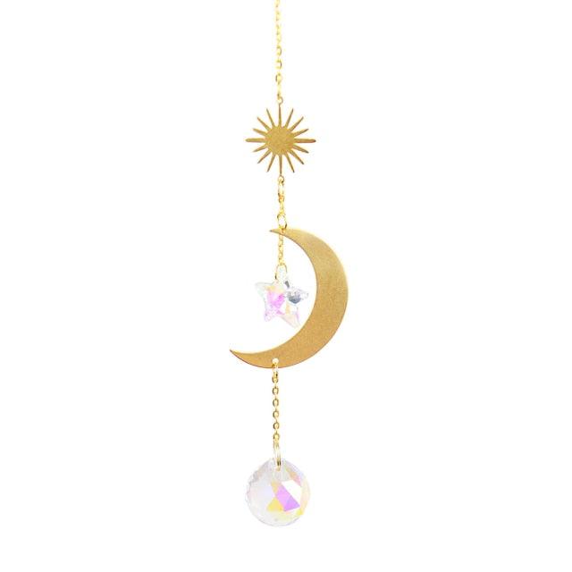 Metallic Hoop Moon Sun Wind Chimes K9 Crystal Prisms Hanging Sun-catcher Rainbow Chaser Window Curtains Pendant Home Decor Gifts For Wall Hanging Decor Room Home Photography Prop Stevvex