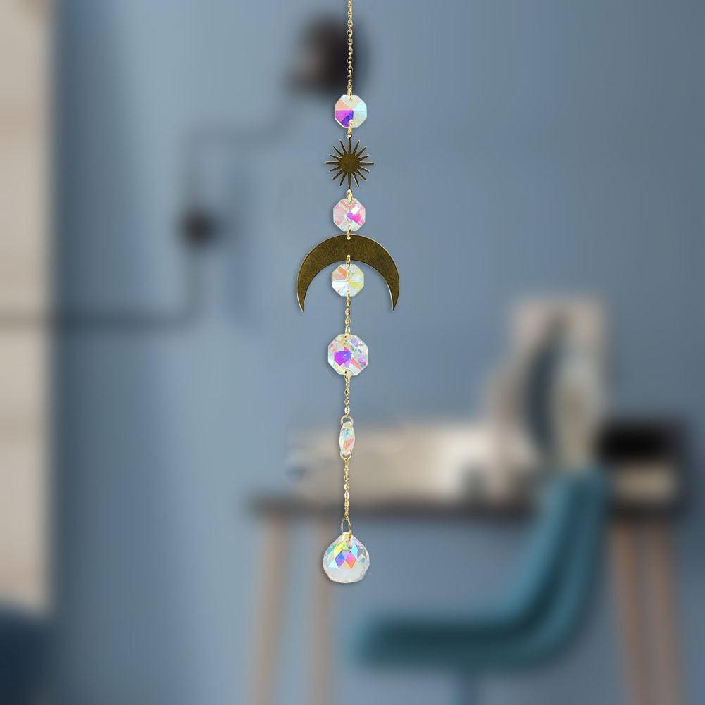 Metallic Hoop Moon Sun Wind Chimes K9 Crystal Prisms Hanging Sun-catcher Rainbow Chaser Window Curtains Pendant Home Decor Gifts For Wall Hanging Decor Room Home Photography Prop Stevvex