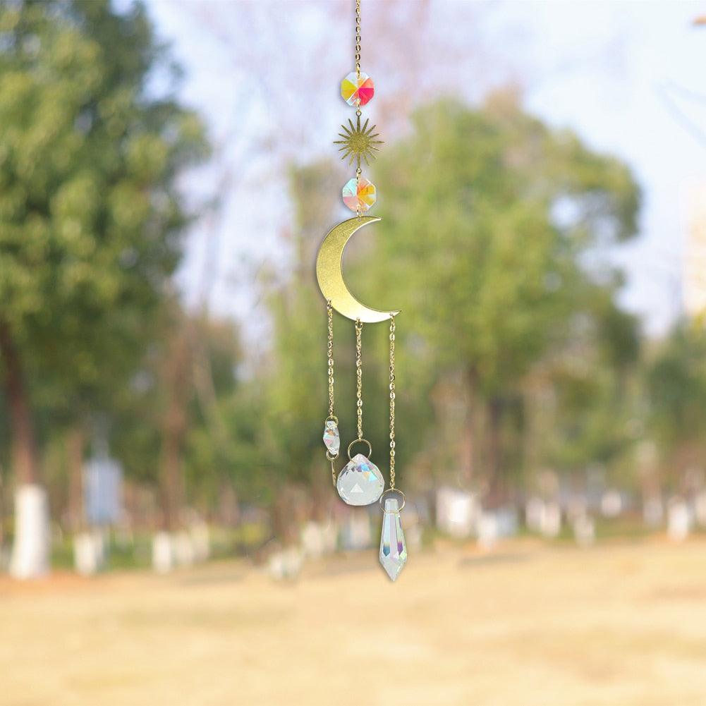 Metallic Hoop Moon Sun Wind Chimes K9 Crystal Prisms Hanging Sun-catcher Rainbow Chaser Window Curtains Pendant Home Decor Gifts For Wall Hanging Decor Room Home Photography Prop Stevvex