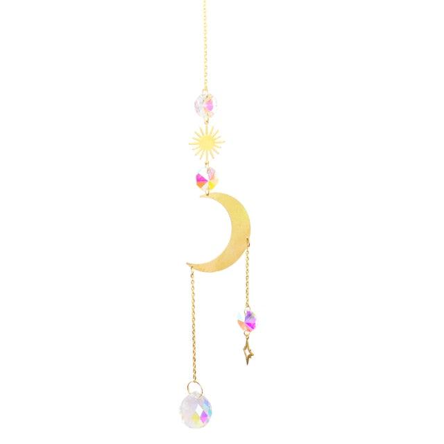 Metallic Hoop Moon Sun Wind Chimes K9 Crystal Prisms Hanging Sun-catcher Rainbow Chaser Window Curtains Pendant Home Decor Gifts For Wall Hanging Decor Room Home Photography Prop Stevvex