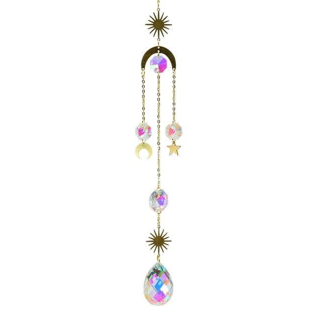 Metallic Hoop Moon Sun Wind Chimes K9 Crystal Prisms Hanging Sun-catcher Rainbow Chaser Window Curtains Pendant Home Decor Gifts For Wall Hanging Decor Room Home Photography Prop Stevvex
