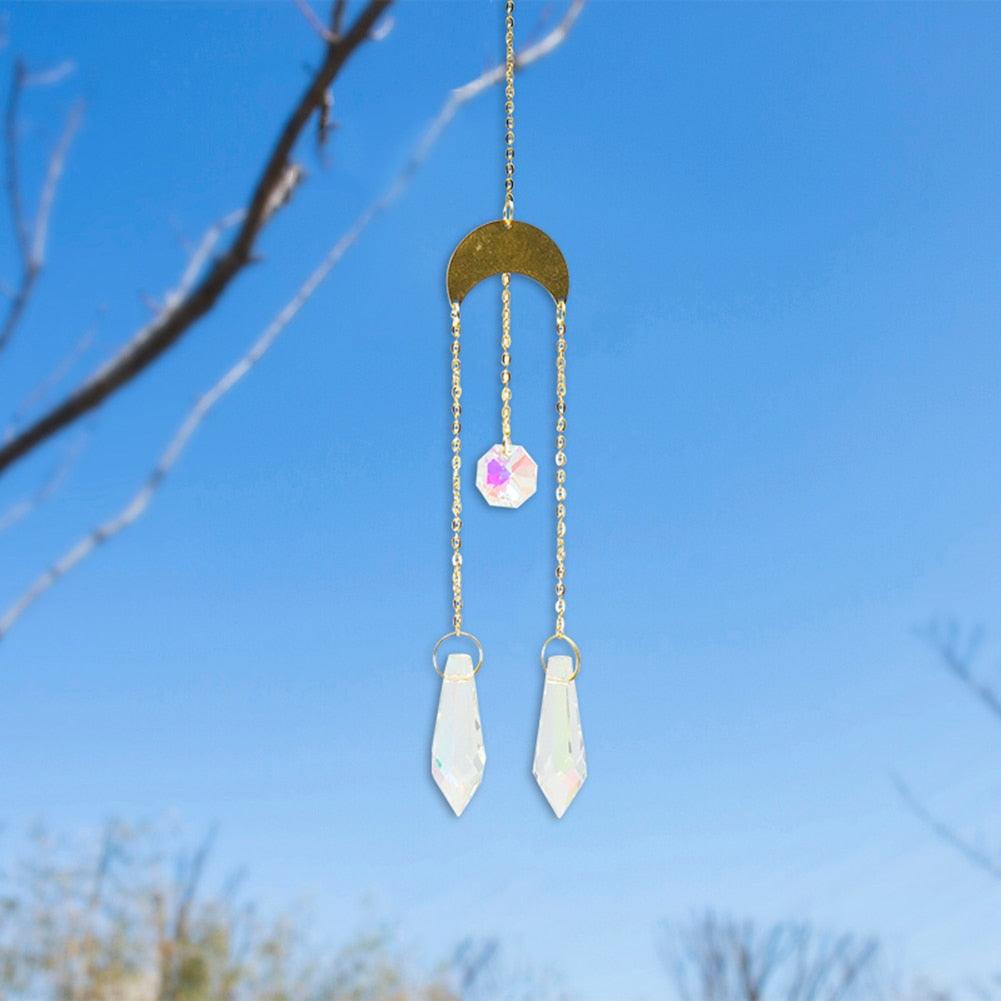 Metallic Hoop Moon Sun Wind Chimes K9 Crystal Prisms Hanging Sun-catcher Rainbow Chaser Window Curtains Pendant Home Decor Gifts For Wall Hanging Decor Room Home Photography Prop Stevvex