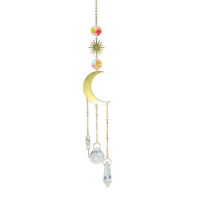 Metallic Hoop Moon Sun Wind Chimes K9 Crystal Prisms Hanging Sun-catcher Rainbow Chaser Window Curtains Pendant Home Decor Gifts For Wall Hanging Decor Room Home Photography Prop Stevvex