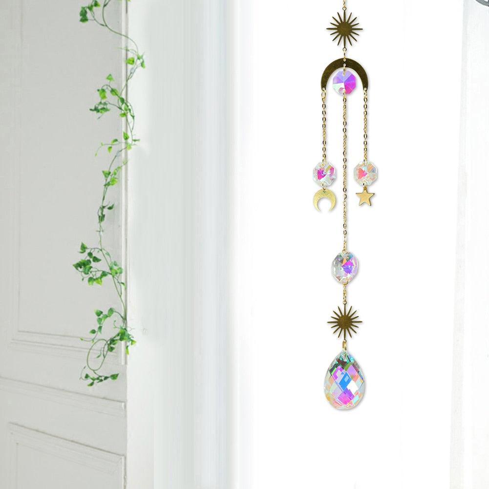 Metallic Hoop Moon Sun Wind Chimes K9 Crystal Prisms Hanging Sun-catcher Rainbow Chaser Window Curtains Pendant Home Decor Gifts For Wall Hanging Decor Room Home Photography Prop Stevvex