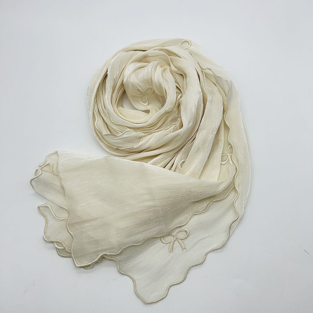 MH079 Smooth Wrinkled Silk Bow Embroidered Hijab