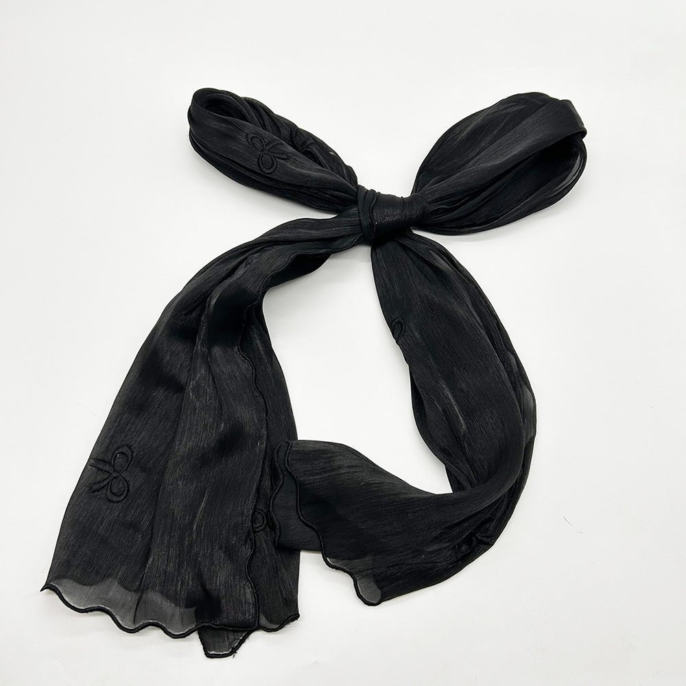 MH079 Smooth Wrinkled Silk Bow Embroidered Hijab