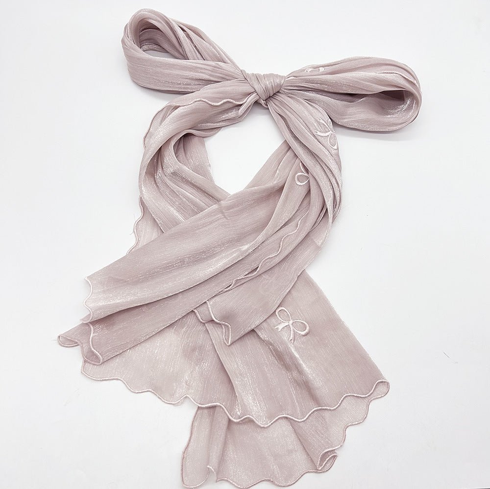 MH079 Smooth Wrinkled Silk Bow Embroidered Hijab