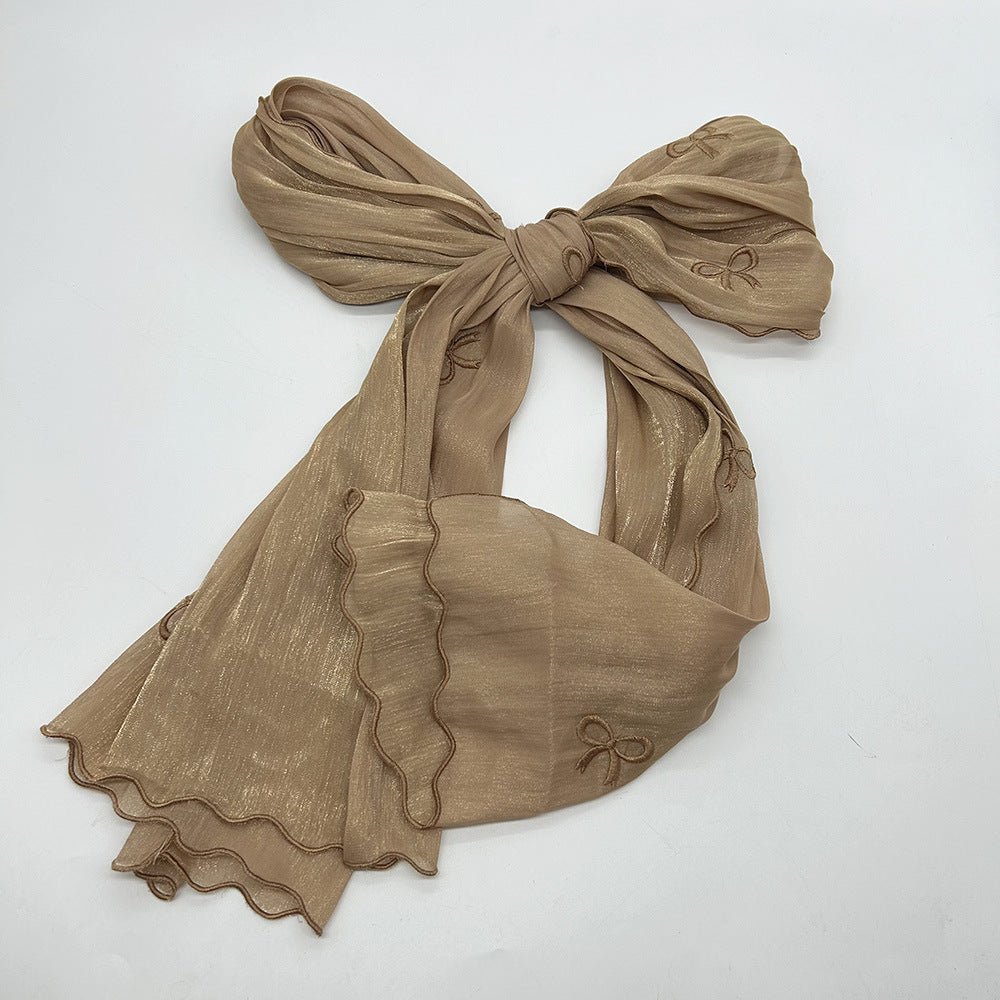 MH079 Smooth Wrinkled Silk Bow Embroidered Hijab